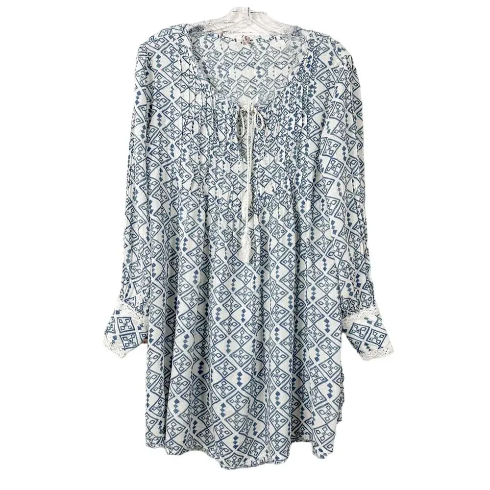 Free People Women's Geometric Long Sleeve Boho Mini Dress White Blue Small